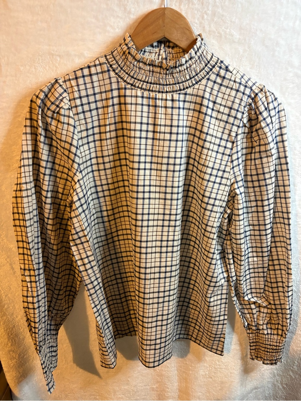 Ann Taylor Smocked High-Neck Plaid Blouse - Cream & Navy Size Small